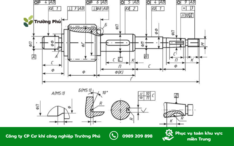 Bản vẽ trục thể hiện rõ kích thước, dung sai và yêu cầu lắp ghép